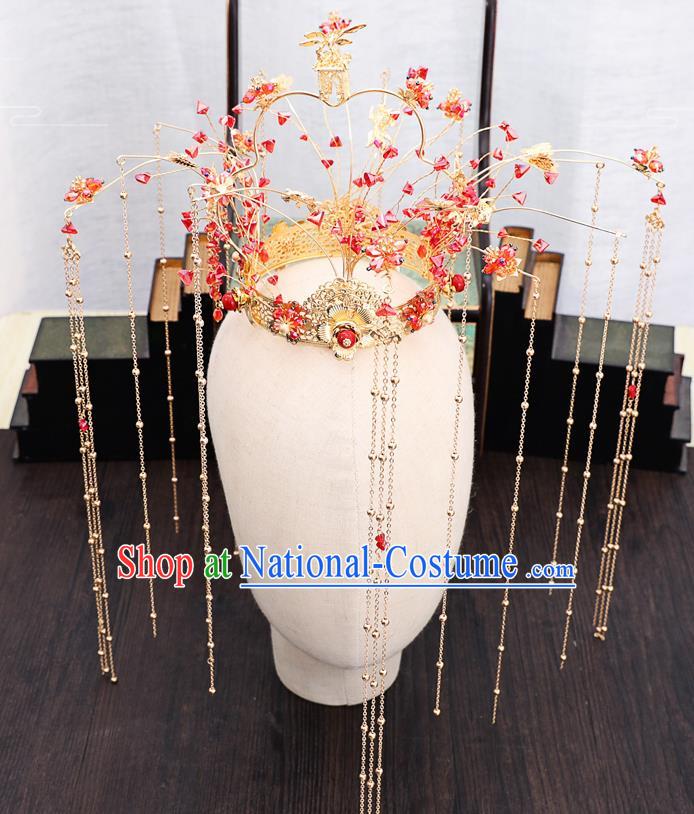 Traditional Chinese Wedding Red Beads Phoenix Coronet Hairpins Handmade Ancient Bride Hair Accessories for Women