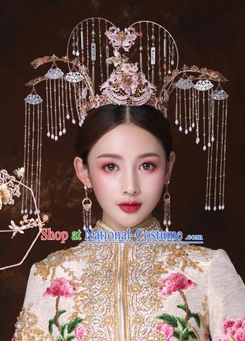 Traditional Chinese Wedding Purple Butterfly Phoenix Coronet Hairpins Handmade Ancient Bride Hair Accessories for Women