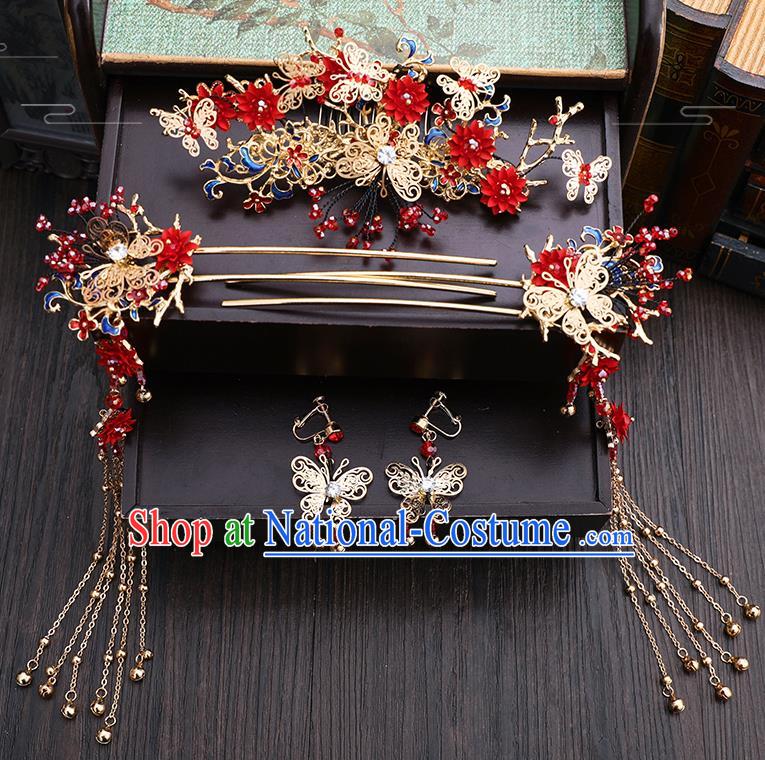 Traditional Chinese Wedding Red Flowers Hair Comb Hairpins Handmade Ancient Bride Hair Accessories for Women