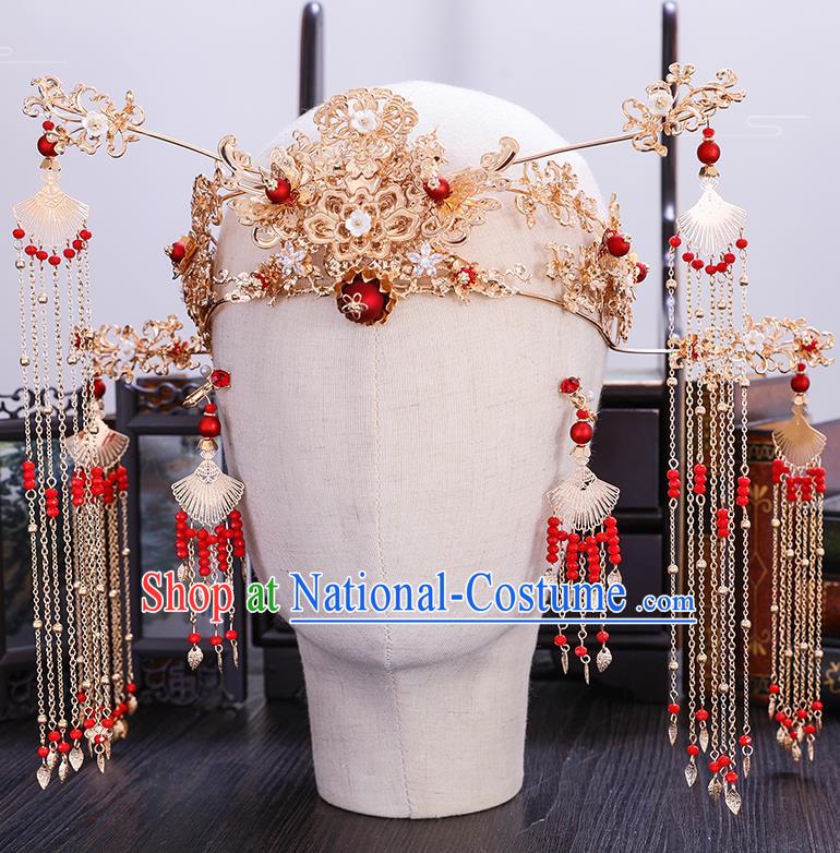 Traditional Chinese Wedding Golden Lotus Phoenix Coronet Hairpins Handmade Ancient Bride Hair Accessories for Women