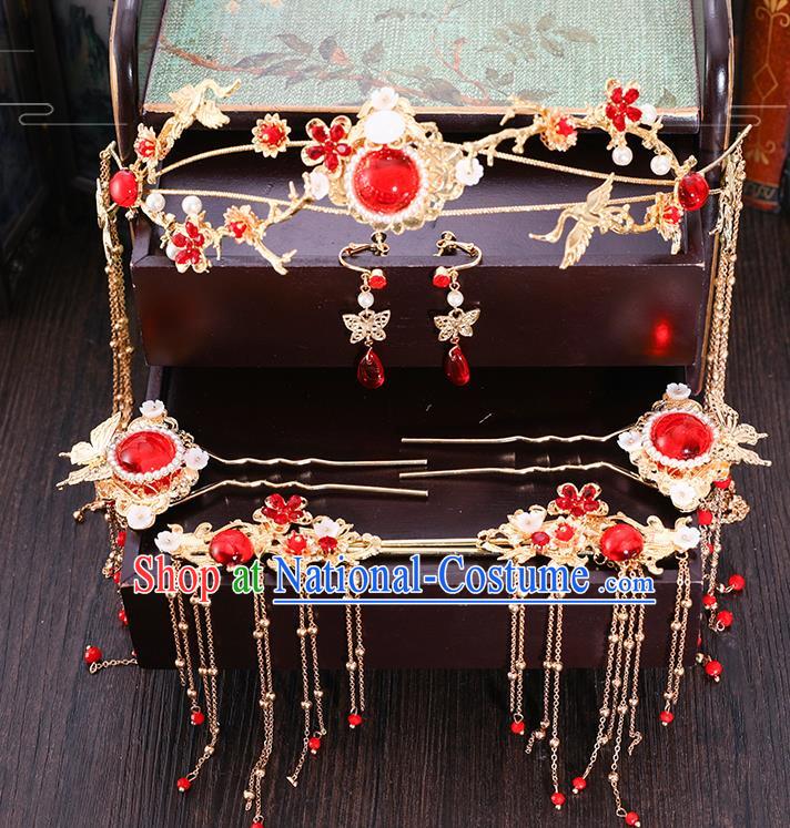 Traditional Chinese Wedding Red Crystal Hair Clasp Hairpins Handmade Ancient Bride Hair Accessories for Women