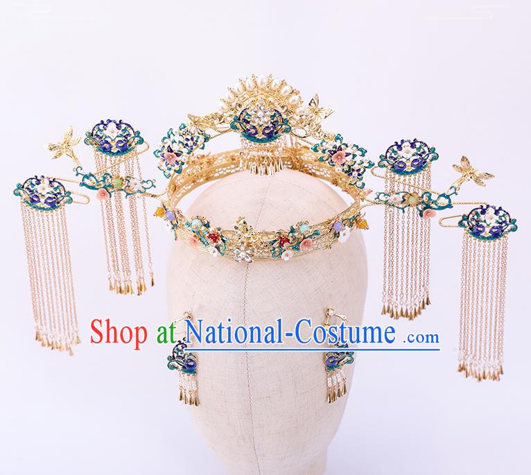 Traditional Chinese Wedding Cloisonne Phoenix Coronet Hairpins Handmade Ancient Bride Hair Accessories for Women