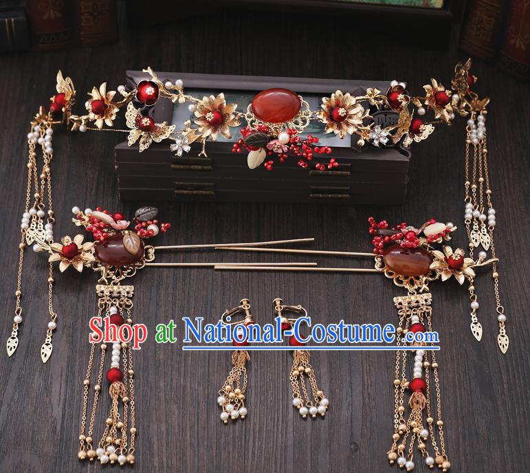 Traditional Chinese Wedding Agate Hair Clasp Tassel Hairpins Handmade Ancient Bride Hair Accessories for Women