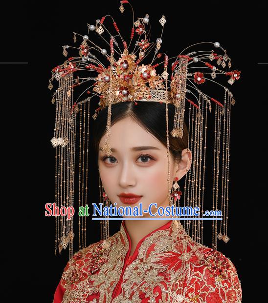 Traditional Chinese Handmade Red Beads Hair Crown Chaplet Hairpins Ancient Bride Hair Accessories for Women