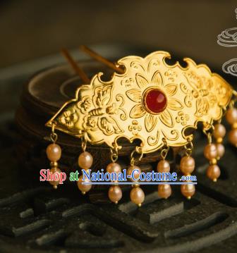 Chinese Traditional Tang Dynasty Court Pearls Tassel Golden Hairpins Handmade Ancient Royal Empress Hair Accessories for Women