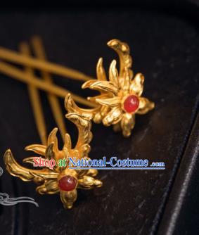 Chinese Traditional Tang Dynasty Court Agate Golden Hairpins Handmade Ancient Royal Empress Hair Accessories for Women