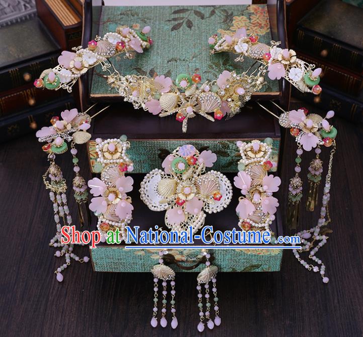 Traditional Chinese Wedding Pink Flowers Hair Combs Tassel Hairpins Handmade Ancient Bride Hair Accessories for Women