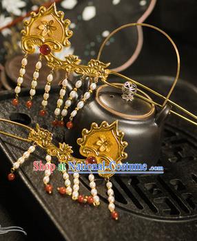 Chinese Traditional Tang Dynasty Court Tassel Golden Hairpins Handmade Ancient Royal Empress Hair Accessories for Women