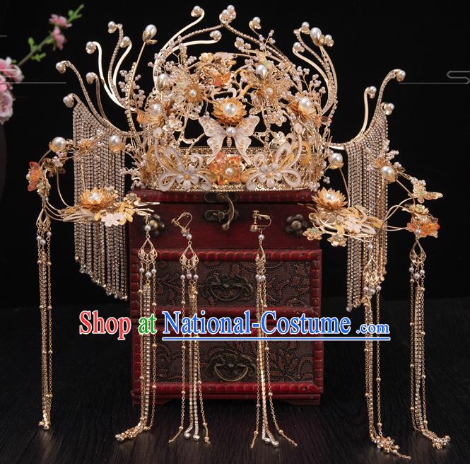 Traditional Chinese Handmade Shell Butterfly Hair Crown Hairpins Ancient Bride Hair Accessories for Women