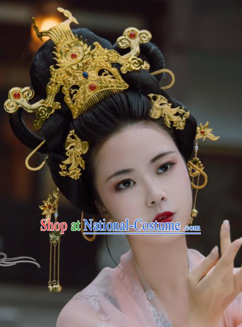 Traditional Chinese Tang Dynasty Empress Golden Phoenix Coronet Hairpins Handmade Ancient Queen Hair Accessories for Women