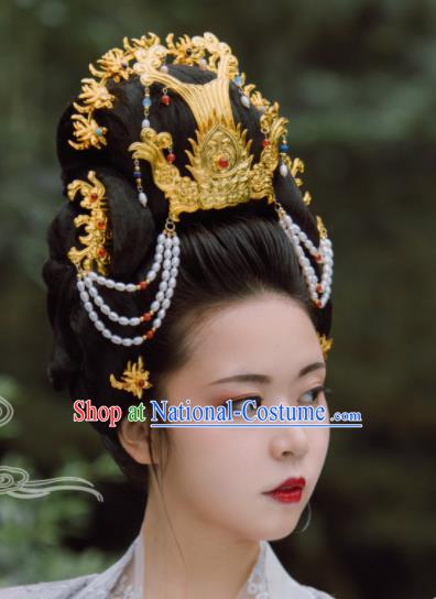 Traditional Chinese Tang Dynasty Empress Pearls Phoenix Coronet Hairpins Handmade Ancient Queen Hair Accessories for Women