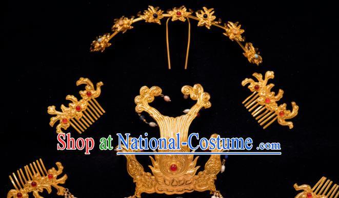 Traditional Chinese Tang Dynasty Empress Pearls Phoenix Coronet Hairpins Handmade Ancient Queen Hair Accessories for Women