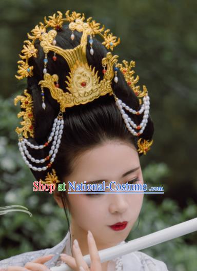 Traditional Chinese Tang Dynasty Empress Pearls Phoenix Coronet Hairpins Handmade Ancient Queen Hair Accessories for Women