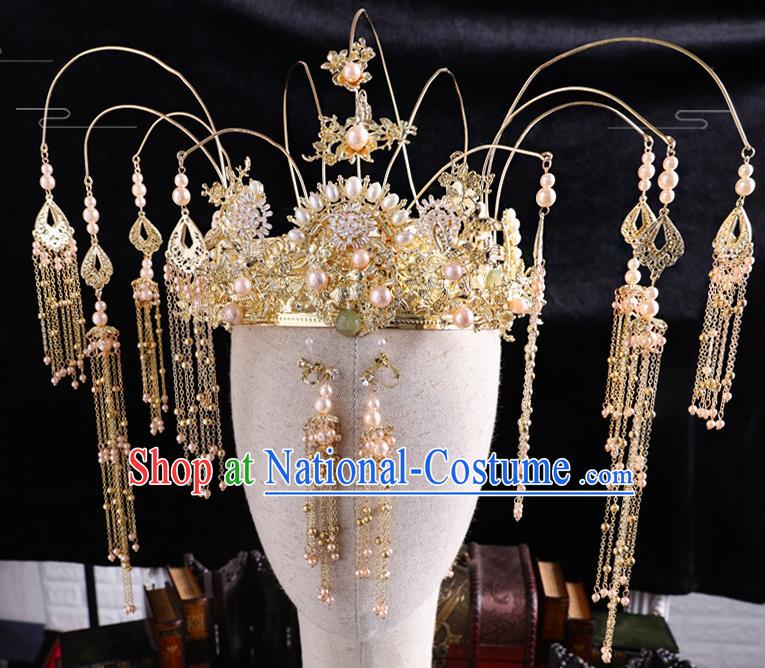 Traditional Handmade Chinese Wedding Pearls Phoenix Coronet Hairpins Ancient Bride Hair Accessories for Women