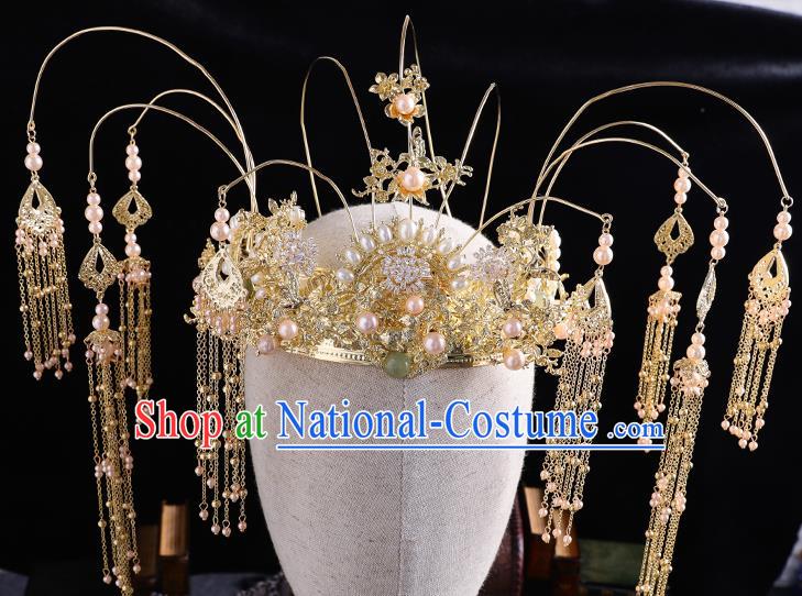 Traditional Handmade Chinese Wedding Pearls Phoenix Coronet Hairpins Ancient Bride Hair Accessories for Women