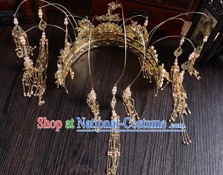 Traditional Handmade Chinese Wedding Pearls Phoenix Coronet Hairpins Ancient Bride Hair Accessories for Women