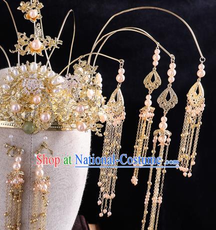 Traditional Handmade Chinese Wedding Pearls Phoenix Coronet Hairpins Ancient Bride Hair Accessories for Women