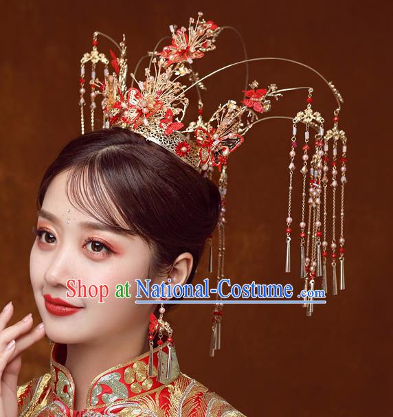 Traditional Handmade Chinese Wedding Red Butterfly Hair Crown Hairpins Ancient Bride Hair Accessories for Women