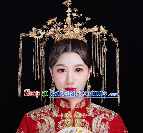 Traditional Handmade Chinese Wedding Golden Tassel Coronet Hairpins Ancient Bride Hair Accessories for Women