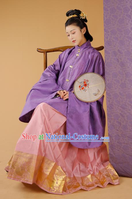 Traditional Chinese Court Mistress Purple Blouse and Skirt Ancient Ming Dynasty Patrician Dowager Historical Costumes for Women