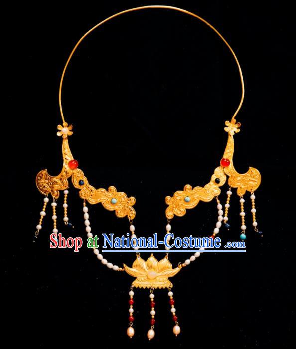 Chinese Traditional Tang Dynasty Golden Lotus Pearls Necklace Handmade Ancient Princess Necklet Accessories for Women