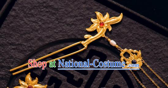 Chinese Traditional Tang Dynasty Court Golden Lotus Tassel Hairpins Handmade Ancient Royal Empress Hair Accessories for Women