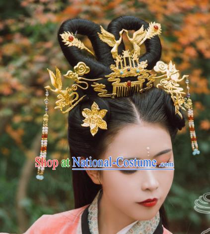 Traditional Chinese Tang Dynasty Princess Crane Hair Comb Hairpins Handmade Ancient Queen Hair Accessories for Women