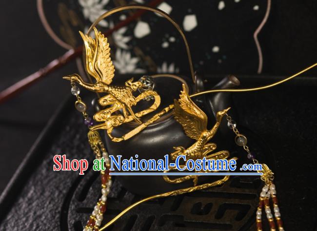 Chinese Traditional Tang Dynasty Court Golden Crane Tassel Hairpins Handmade Ancient Royal Empress Hair Accessories for Women