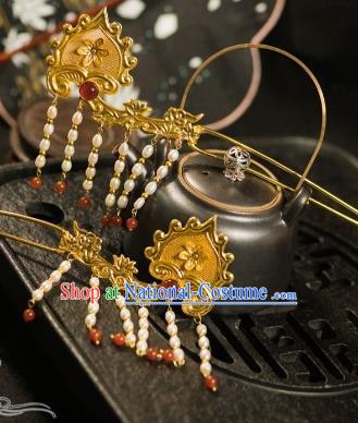 Chinese Traditional Tang Dynasty Court Pearls Tassel Hairpins Handmade Ancient Royal Empress Hair Accessories for Women