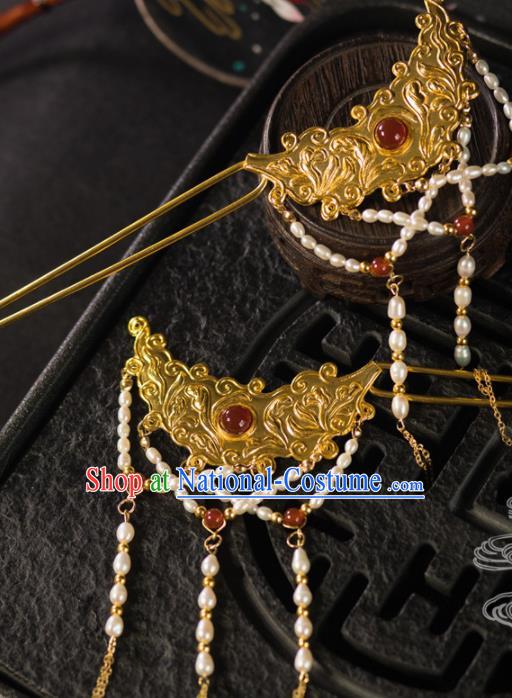 Chinese Traditional Tang Dynasty Agate Pearls Hairpins Handmade Ancient Royal Empress Hair Accessories for Women