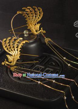 Chinese Traditional Tang Dynasty Golden Phoenix Tassel Hairpins Handmade Ancient Royal Empress Hair Accessories for Women