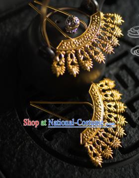 Chinese Traditional Tang Dynasty Golden Hairpins Handmade Ancient Royal Empress Hair Accessories for Women