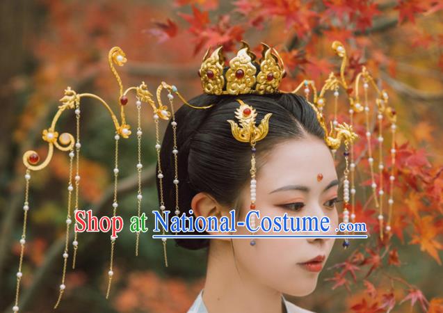 Traditional Chinese Tang Dynasty Princess Hair Crown Phoenix Tassel Hairpins Handmade Ancient Queen Hair Accessories for Women