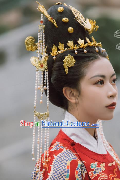 Traditional Chinese Ming Dynasty Empress Phoenix Hair Comb Dragon Tassel Hairpins Handmade Ancient Queen Hair Accessories for Women