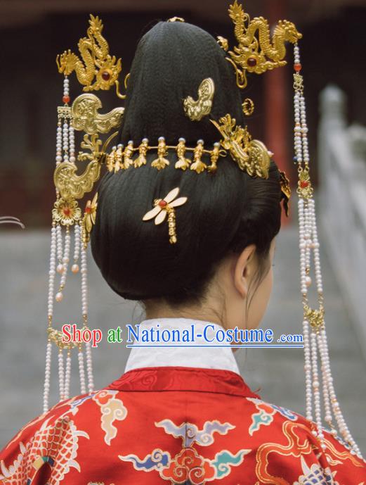 Traditional Chinese Ming Dynasty Empress Phoenix Hair Comb Dragon Tassel Hairpins Handmade Ancient Queen Hair Accessories for Women