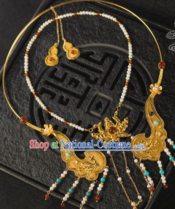 Chinese Traditional Tang Dynasty Wedding Golden Necklace Handmade Ancient Princess Necklet Accessories for Women