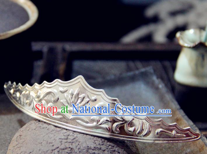 Chinese Traditional Tang Dynasty Princess Carving Lotus Argent Hairpins Handmade Ancient Royal Empress Hair Accessories for Women