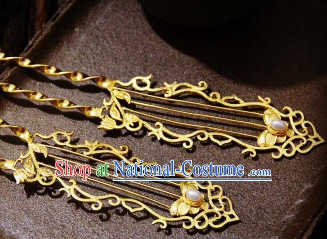 Chinese Traditional Ming Dynasty Princess Golden Pearl Hairpins Handmade Ancient Royal Empress Hair Accessories for Women