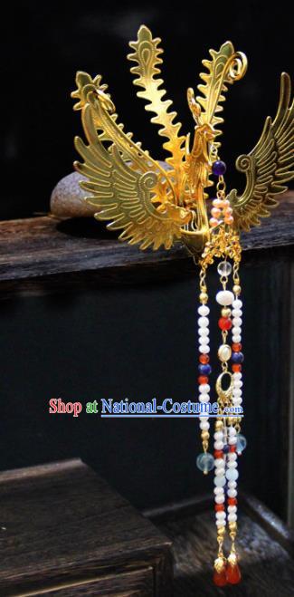 Chinese Traditional Tang Dynasty Princess Golden Phoenix Tassel Hairpins Handmade Ancient Royal Empress Hair Accessories for Women