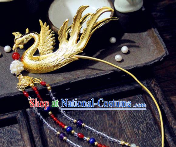 Chinese Traditional Ming Dynasty Princess Golden Phoenix Tassel Hairpins Handmade Ancient Royal Empress Hair Accessories for Women