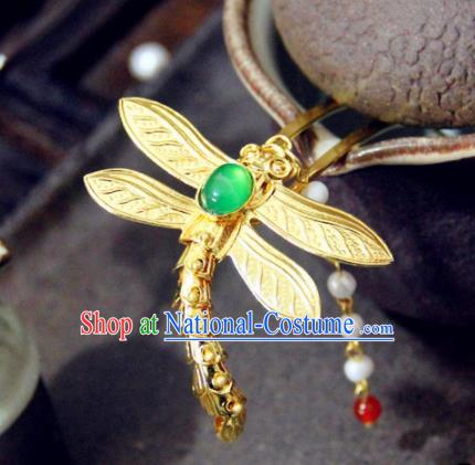 Chinese Traditional Ming Dynasty Golden Dragonfly Tassel Hairpins Handmade Ancient Royal Princess Hair Accessories for Women