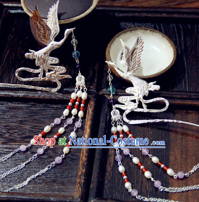 Chinese Traditional Ming Dynasty Crane Tassel Hairpins Handmade Ancient Royal Princess Hair Accessories for Women