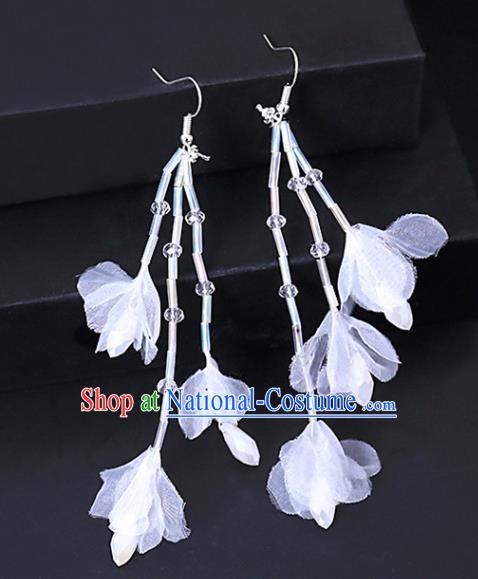 Chinese Traditional Wedding White Silk Flowers Earrings Handmade Ancient Bride Ear Accessories for Women