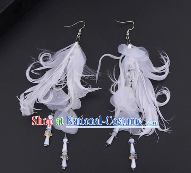 Chinese Traditional Handmade Wedding White Feather Earrings Ancient Bride Ear Accessories for Women