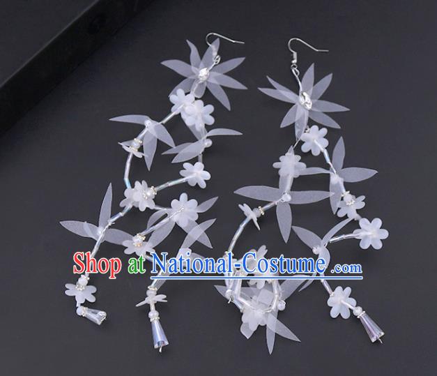 Chinese Traditional Handmade Wedding White Silk Flowers Earrings Ancient Bride Ear Accessories for Women