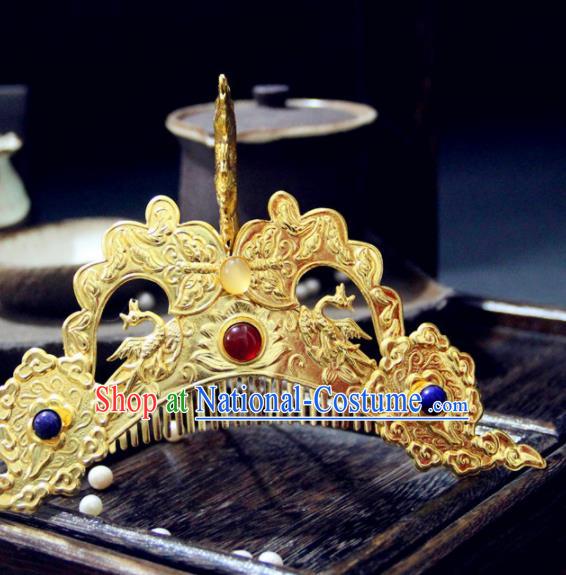 Chinese Traditional Tang Dynasty Golden Gem Hair Comb Hairpin Handmade Ancient Royal Empress Hair Accessories for Women