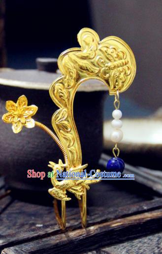 Chinese Traditional Tang Dynasty Princess Golden Phoenix Hairpin Handmade Ancient Royal Empress Hair Accessories for Women