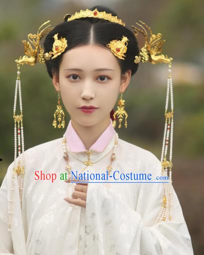 Traditional Chinese Ming Dynasty Princess Phoenix Tassel Step Shake Hairpins Handmade Ancient Queen Hair Accessories for Women