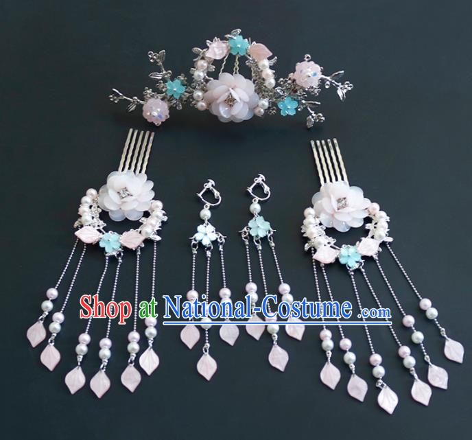 Traditional Chinese Hanfu Peach Blossom Tassel Hair Combs Hairpins Handmade Ancient Princess Hair Accessories Complete Set for Women