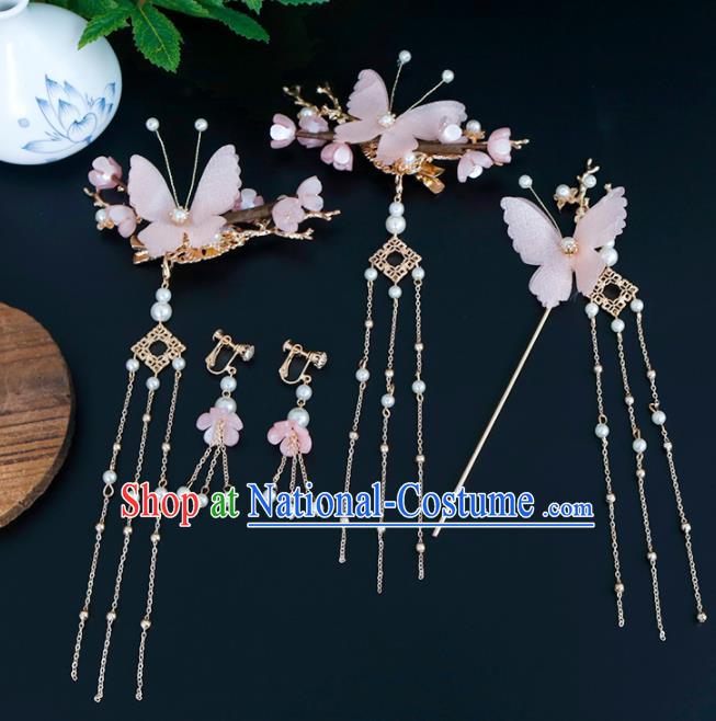 Traditional Chinese Hanfu Pink Silk Butterfly Hair Claw Handmade Ancient Princess Hair Accessories Complete Set for Women